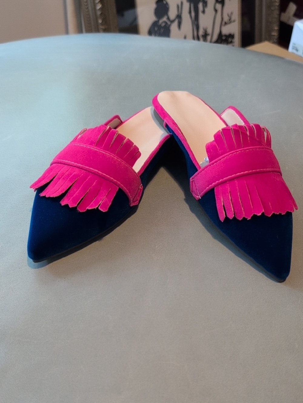 BRAND NEW CUSTOM MADE! Women’s Pointed Fringe Kilted Mule - Hot Pink and Navy